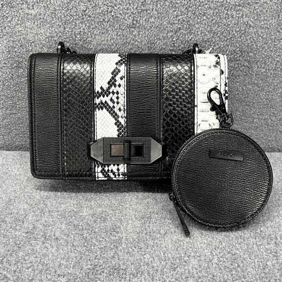 ALDO Crossbody Hand Bag + coin wallet Black & white snake skin print Purse chain - Picture 1 of 16